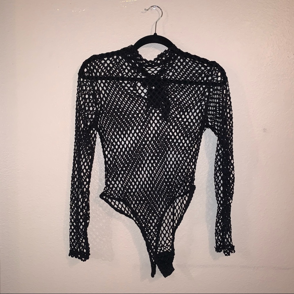 Black Netted Turtleneck Bodysuit